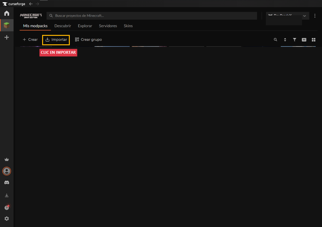 Ubicación del botón Importar en CurseForge